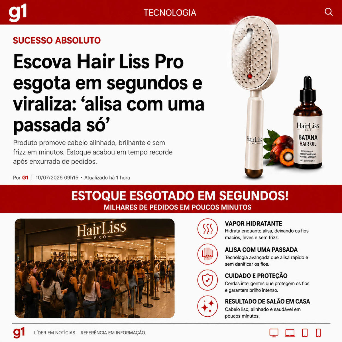 HairLiss Pro™  Escova Alisadora Instantânea a Vapor Profissional 2 em 1