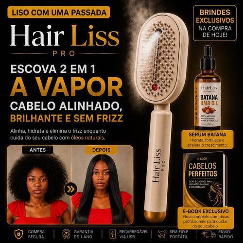 HairLiss Pro™  Escova Alisadora Instantânea a Vapor Profissional 2 em 1