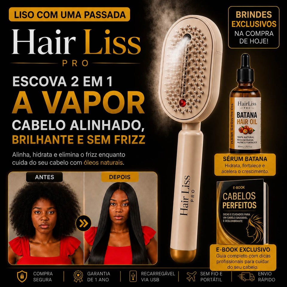 HairLiss Pro™  Escova Alisadora Instantânea a Vapor Profissional 2 em 1