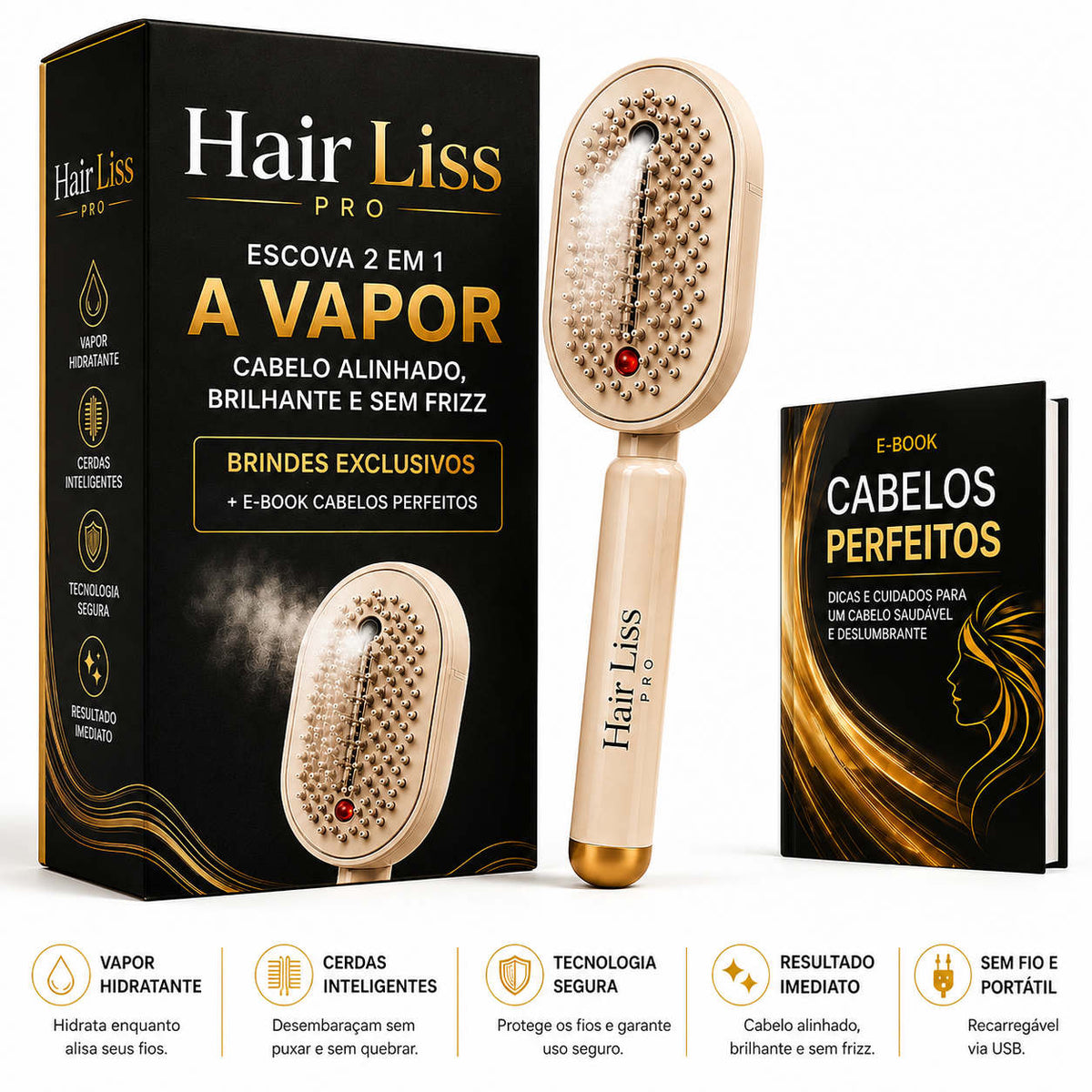 HairLiss Pro™  Escova Alisadora Instantânea a Vapor Profissional 2 em 1