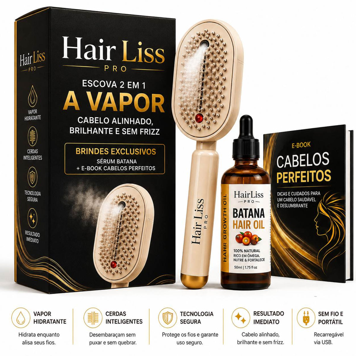HairLiss Pro™  Escova Alisadora Instantânea a Vapor Profissional 2 em 1